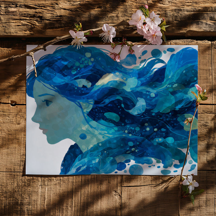 Ethereal Water Goddess with Goldfish Mural Wallpaper | Surreal Blue Wave Silhouette, Fluid Portrait