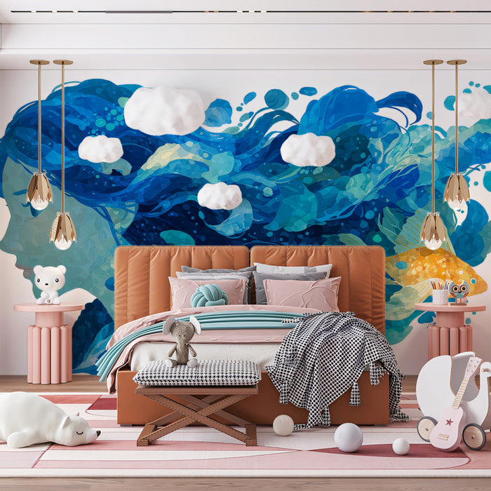 Ethereal Water Goddess with Goldfish Mural Wallpaper | Surreal Blue Wave Silhouette, Fluid Portrait