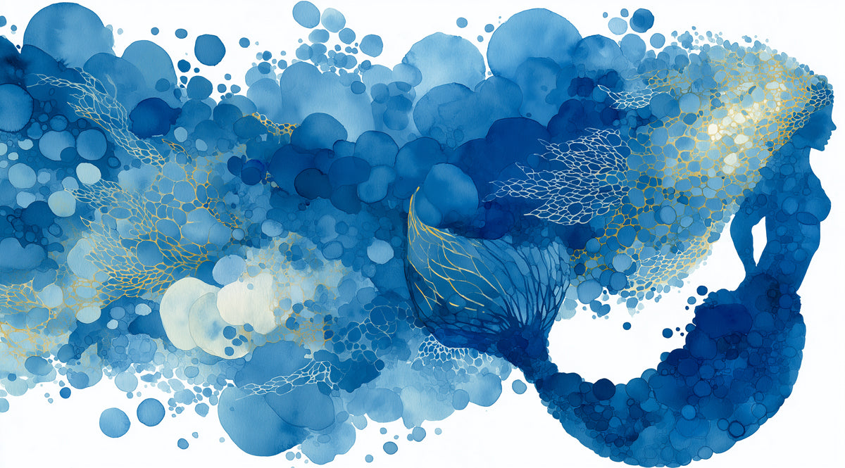Abstract Blue Bubble Mermaid Mural Wallpaper | Watercolor Silhouette, Luminous Marine Art