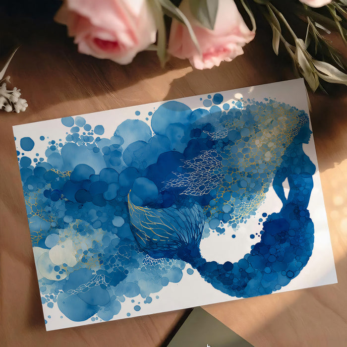 Abstract Blue Bubble Mermaid Mural Wallpaper | Watercolor Silhouette, Luminous Marine Art