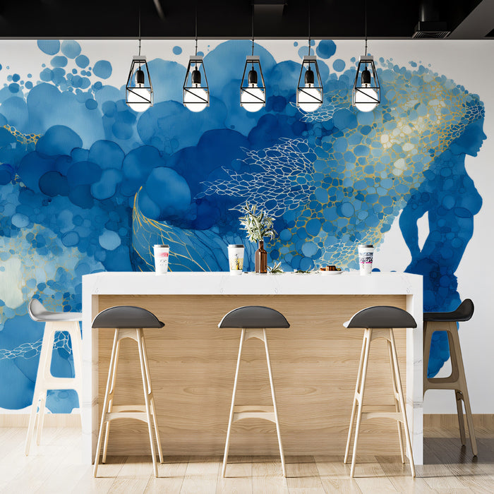 Abstract Blue Bubble Mermaid Mural Wallpaper | Watercolor Silhouette, Luminous Marine Art