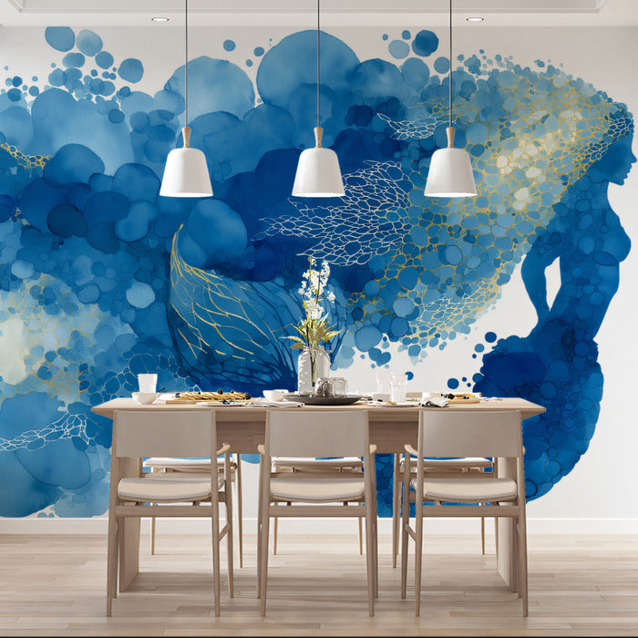 Abstract Blue Bubble Mermaid Mural Wallpaper | Watercolor Silhouette, Luminous Marine Art