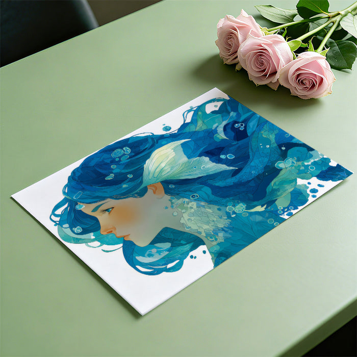 Serene Blue Wave Tresses Mural Wallpaper | Minimalist Water Spirit, Fluid Feminine Silhouette