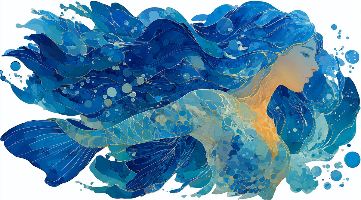 Ornate Blue and Gold Wave Portrait Mural Wallpaper | Magical Sea Spirit, Intricate Filigree Texture