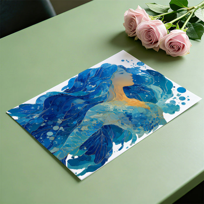 Ornate Blue and Gold Wave Portrait Mural Wallpaper | Magical Sea Spirit, Intricate Filigree Texture