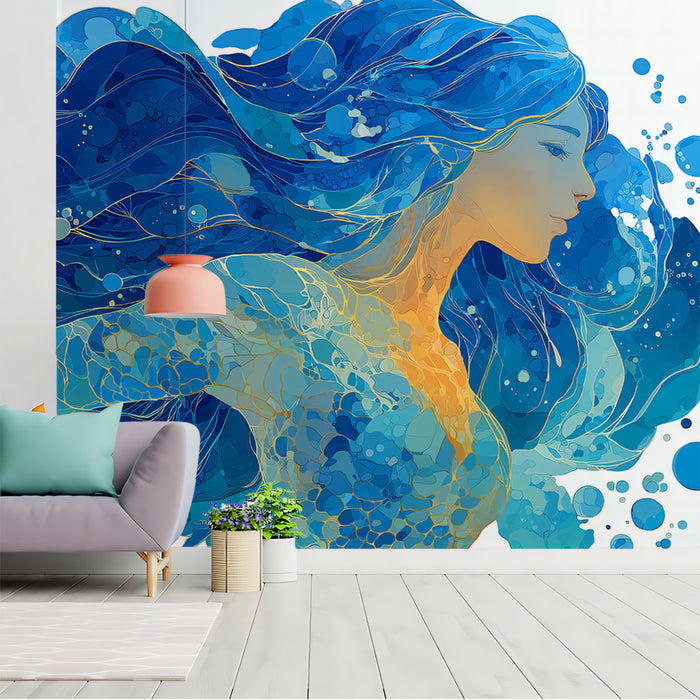 Ornate Blue and Gold Wave Portrait Mural Wallpaper | Magical Sea Spirit, Intricate Filigree Texture