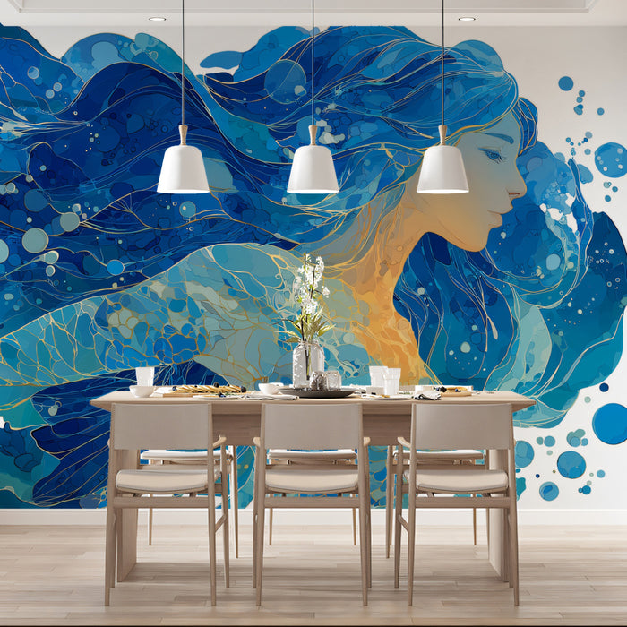 Ornate Blue and Gold Wave Portrait Mural Wallpaper | Magical Sea Spirit, Intricate Filigree Texture