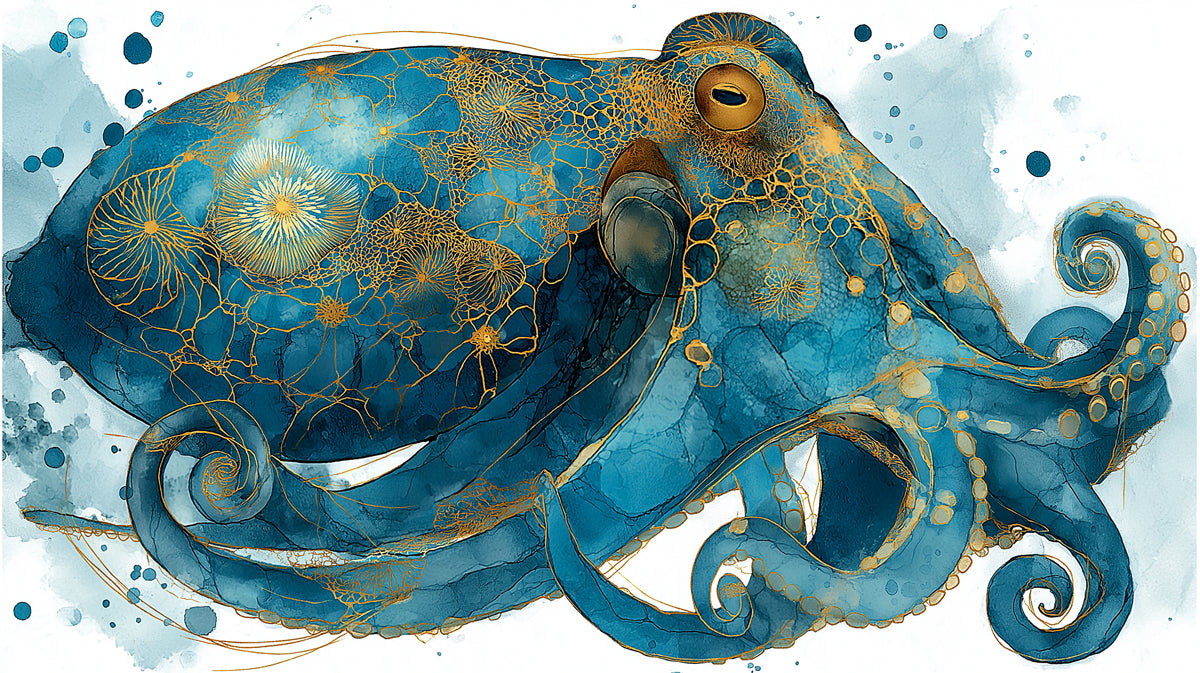 Intricate Teal Gold Mandala Octopus Mural Wallpaper | Mythical Marine Art, Ornate Patterned Wildlife