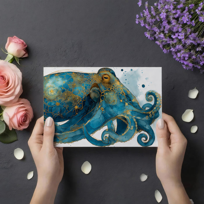 Intricate Teal Gold Mandala Octopus Mural Wallpaper | Mythical Marine Art, Ornate Patterned Wildlife