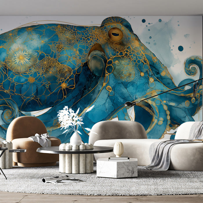 Intricate Teal Gold Mandala Octopus Mural Wallpaper | Mythical Marine Art, Ornate Patterned Wildlife