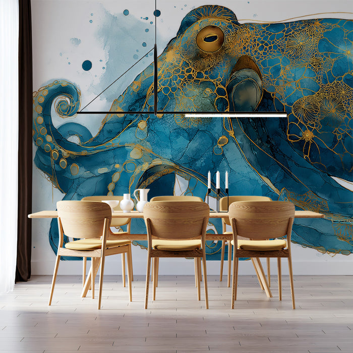 Intricate Teal Gold Mandala Octopus Mural Wallpaper | Mythical Marine Art, Ornate Patterned Wildlife