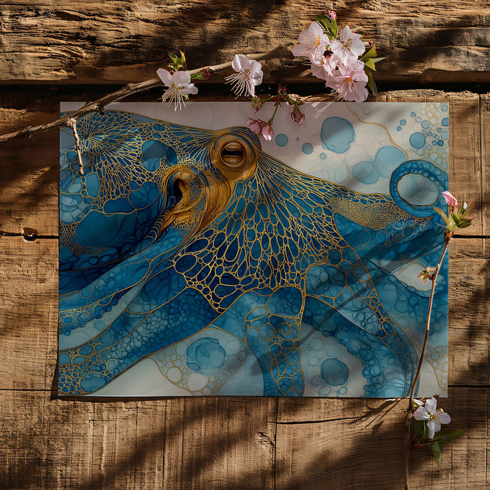 Filigree Teal and Gold Octopus Mural Wallpaper | Luxury Marine Wildlife, Golden Lace Texture