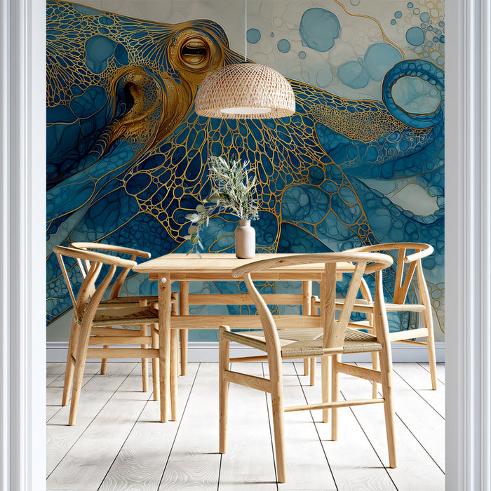 Filigree Teal and Gold Octopus Mural Wallpaper | Luxury Marine Wildlife, Golden Lace Texture