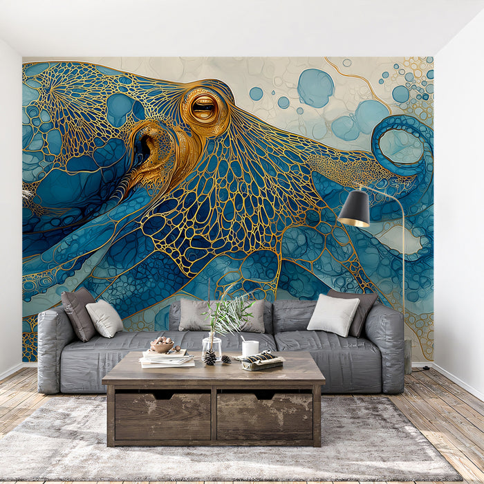 Filigree Teal and Gold Octopus Mural Wallpaper | Luxury Marine Wildlife, Golden Lace Texture