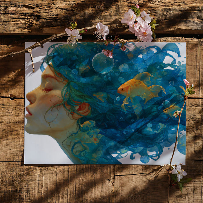 Submerged Dreamer with Goldfish Mural Wallpaper | Surreal Underwater Portrait, Glowing Marine Atmosphere