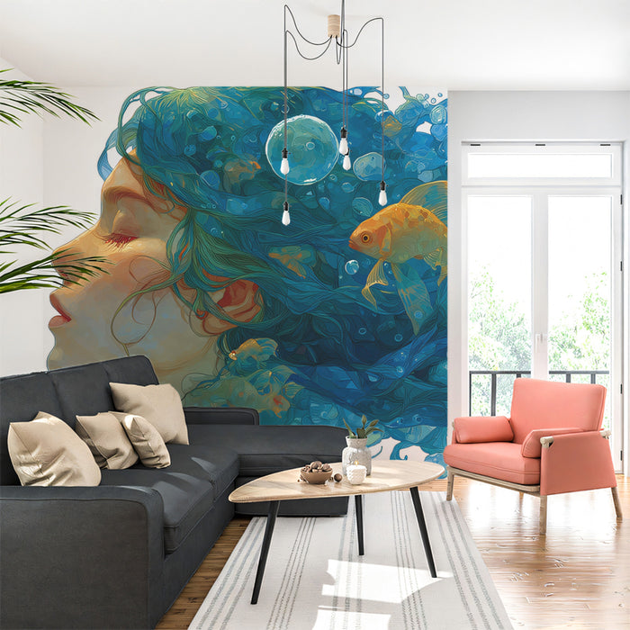 Submerged Dreamer with Goldfish Mural Wallpaper | Surreal Underwater Portrait, Glowing Marine Atmosphere