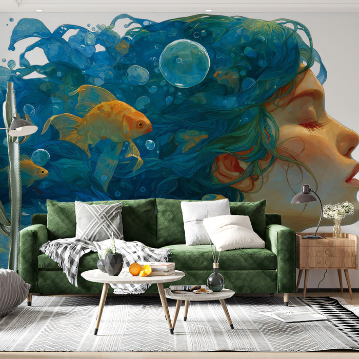 Submerged Dreamer with Goldfish Mural Wallpaper | Surreal Underwater Portrait, Glowing Marine Atmosphere
