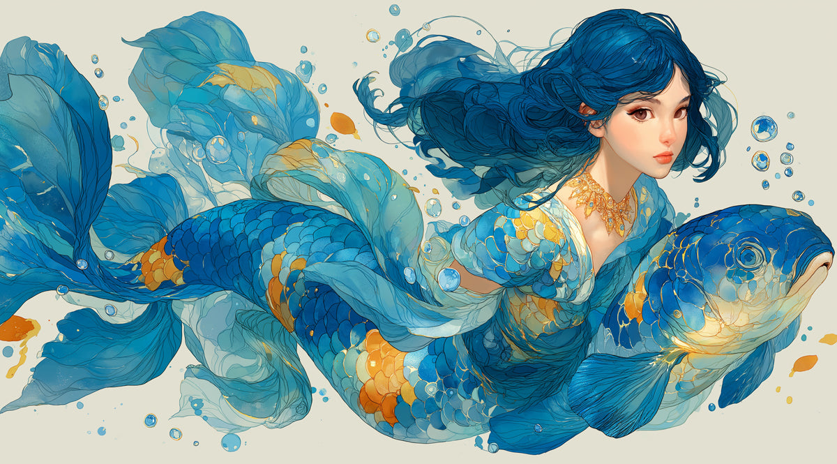 Ethereal Blue Mermaid & Koi Fish Mural Wallpaper | Fantasy Marine Myth, Fluid Watercolor