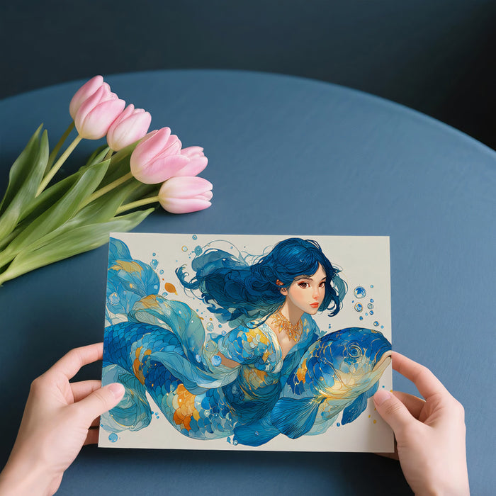 Ethereal Blue Mermaid & Koi Fish Mural Wallpaper | Fantasy Marine Myth, Fluid Watercolor