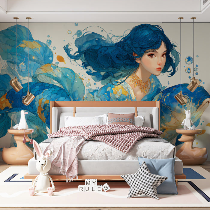 Ethereal Blue Mermaid & Koi Fish Mural Wallpaper | Fantasy Marine Myth, Fluid Watercolor