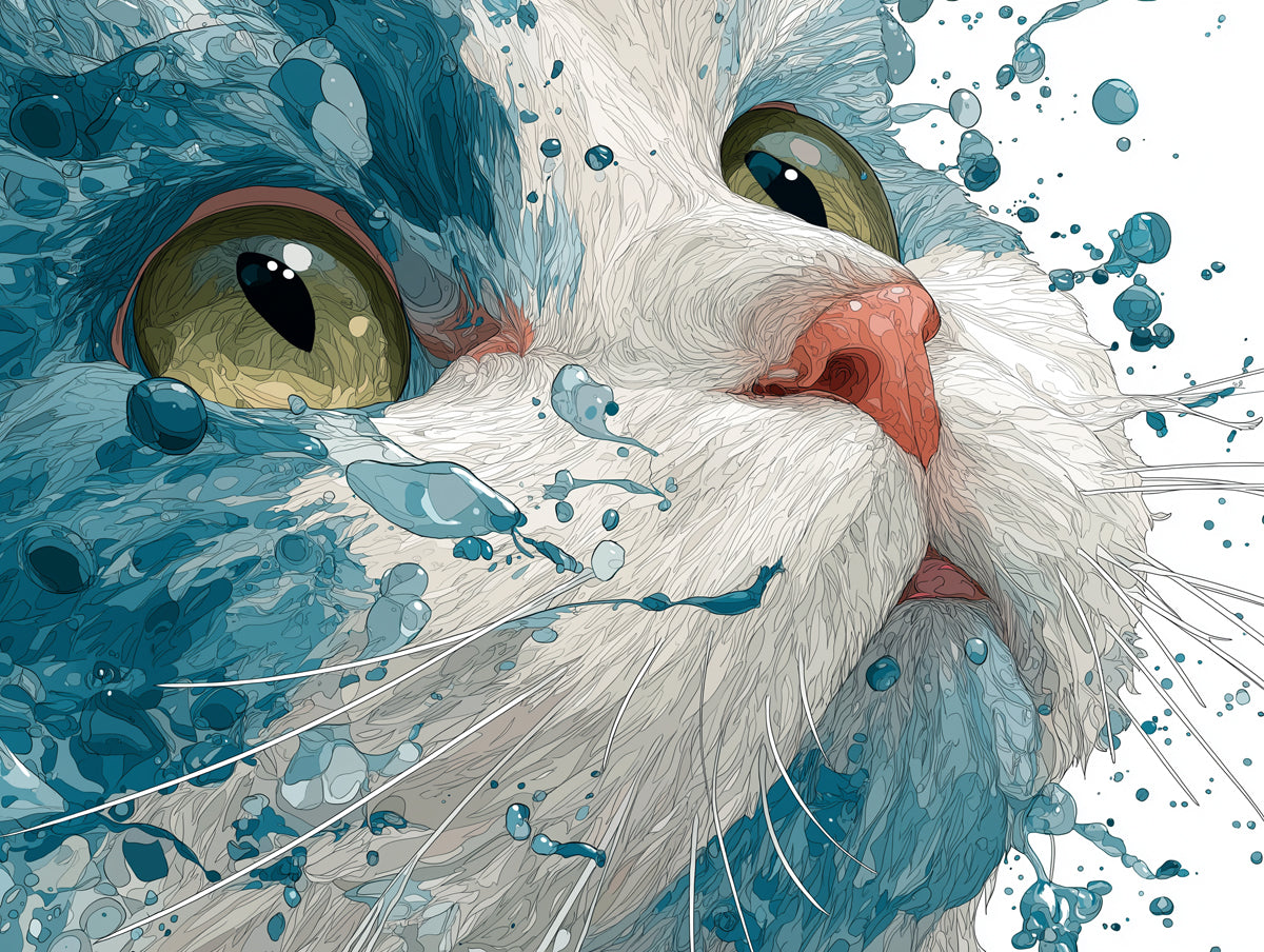 Vibrant Cat Splash Portrait Mural Wallpaper | Cinematic Blue Water Droplets, Detailed Feline Art