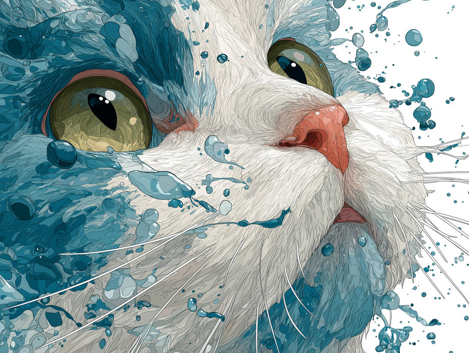 Vibrant Cat Splash Portrait Mural Wallpaper | Cinematic Blue Water Droplets, Detailed Feline Art