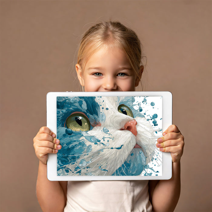 Vibrant Cat Splash Portrait Mural Wallpaper | Cinematic Blue Water Droplets, Detailed Feline Art