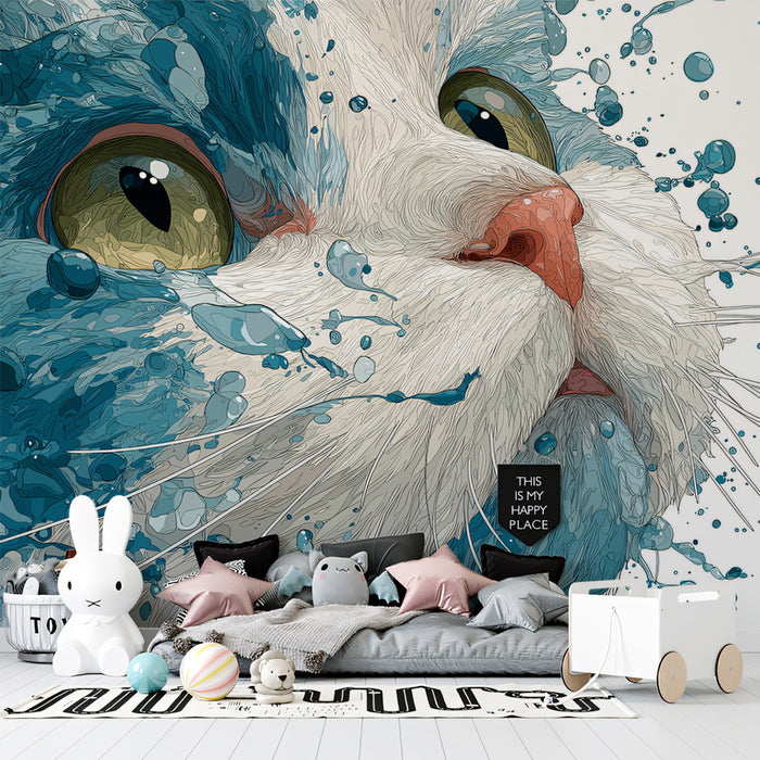 Vibrant Cat Splash Portrait Mural Wallpaper | Cinematic Blue Water Droplets, Detailed Feline Art