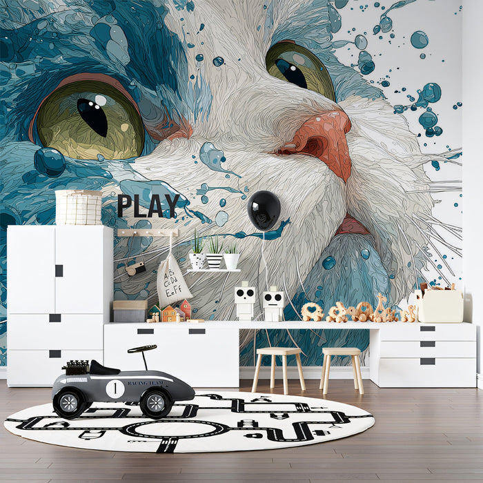 Vibrant Cat Splash Portrait Mural Wallpaper | Cinematic Blue Water Droplets, Detailed Feline Art