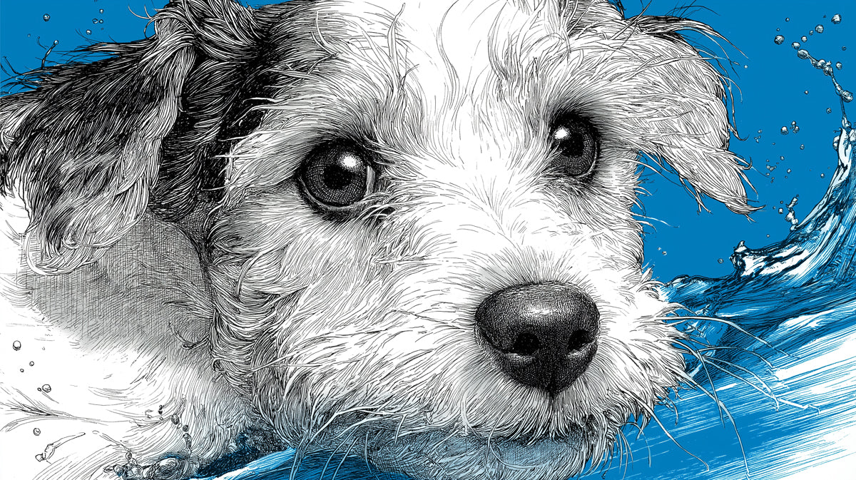 Energetic Splash Dog Portrait Mural Wallpaper | Blue Liquid Motion, Expressive Canine Close-up