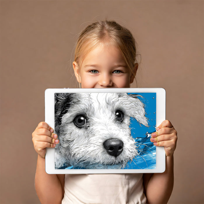 Energetic Splash Dog Portrait Mural Wallpaper | Blue Liquid Motion, Expressive Canine Close-up