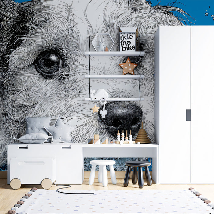 Energetic Splash Dog Portrait Mural Wallpaper | Blue Liquid Motion, Expressive Canine Close-up