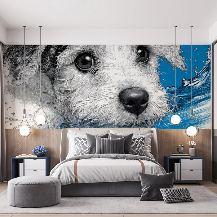 Energetic Splash Dog Portrait Mural Wallpaper | Blue Liquid Motion, Expressive Canine Close-up