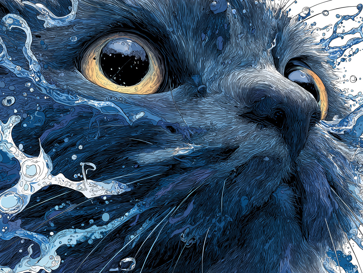 Cinematic Black Cat Water Splash Mural Wallpaper | Dramatic Blue Liquid, High Contrast Feline Art
