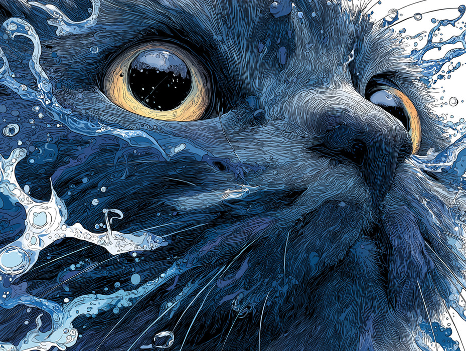 Cinematic Black Cat Water Splash Mural Wallpaper | Dramatic Blue Liquid, High Contrast Feline Art