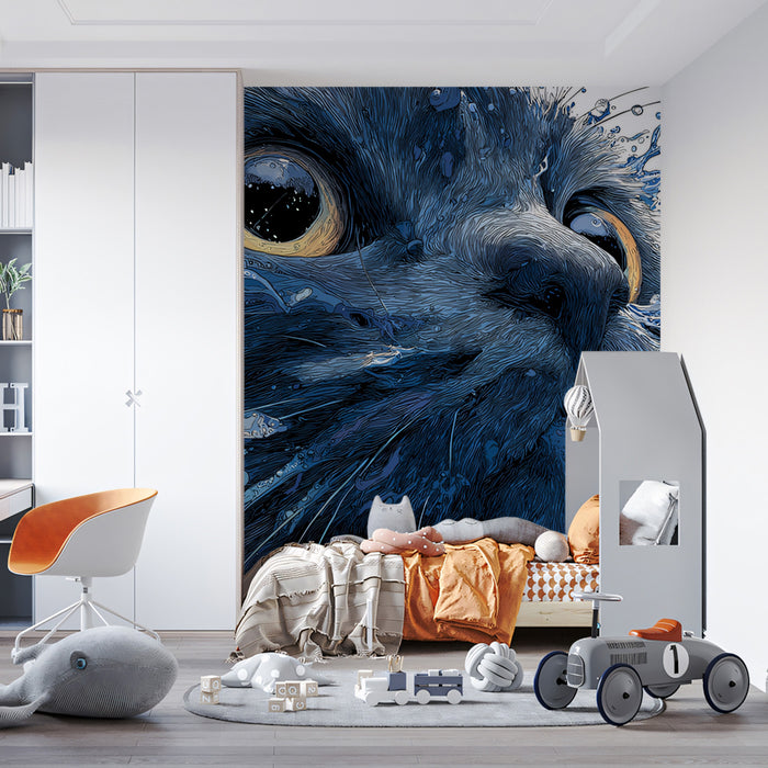 Cinematic Black Cat Water Splash Mural Wallpaper | Dramatic Blue Liquid, High Contrast Feline Art