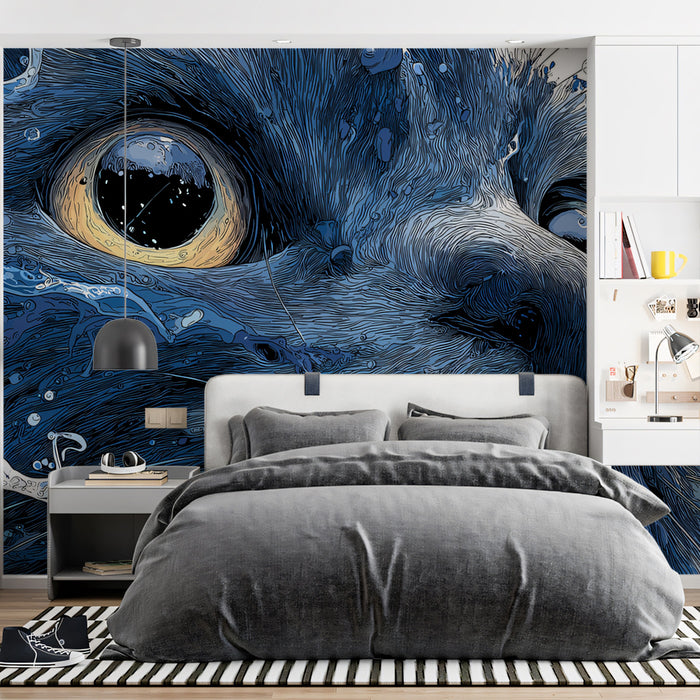 Cinematic Black Cat Water Splash Mural Wallpaper | Dramatic Blue Liquid, High Contrast Feline Art