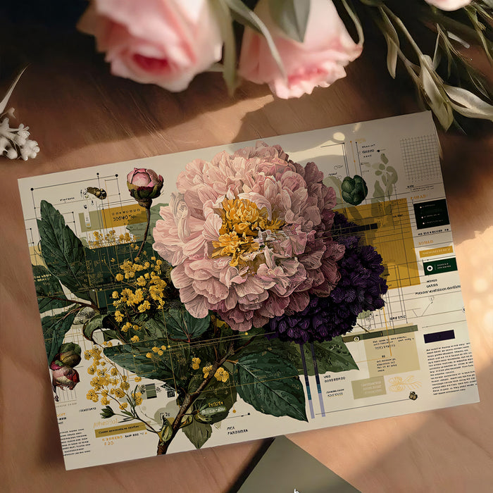 Vintage Peony Botanical Schematic Mural Wallpaper | Scientific Blueprint Style, Detailed Floral Illustration