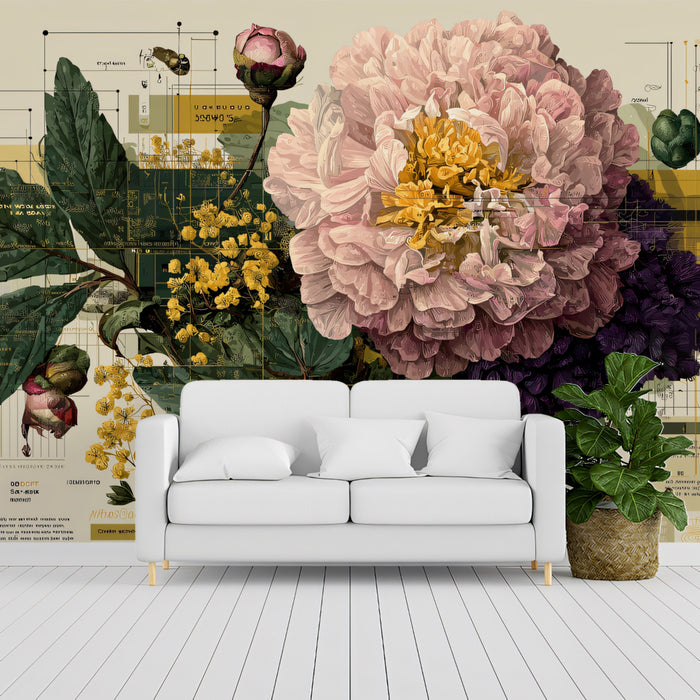 Vintage Peony Botanical Schematic Mural Wallpaper | Scientific Blueprint Style, Detailed Floral Illustration