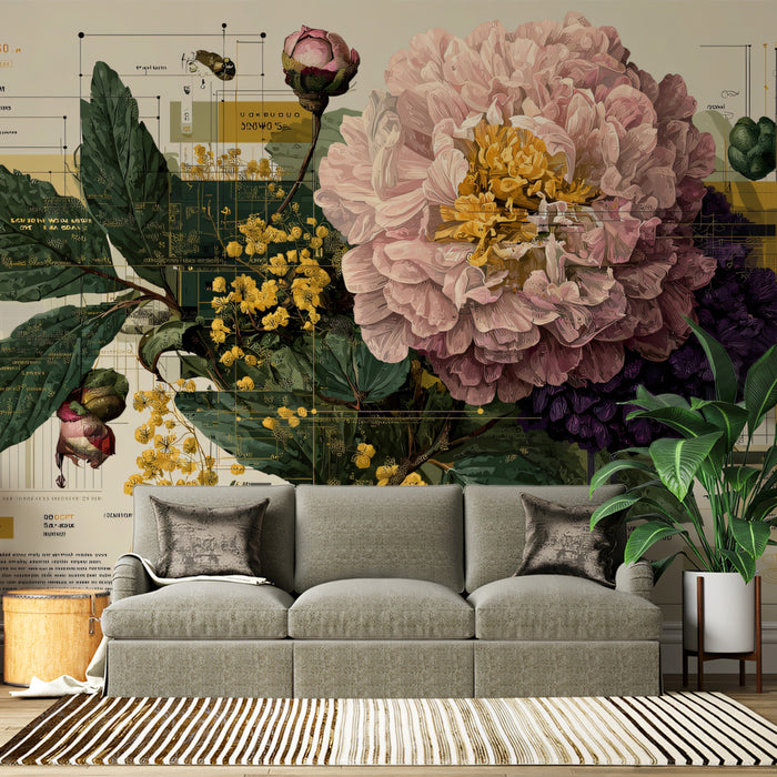 Vintage Peony Botanical Schematic Mural Wallpaper | Scientific Blueprint Style, Detailed Floral Illustration