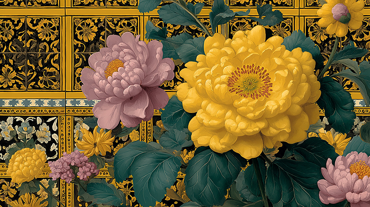 Chinoiserie Peony Patterned Tile Mural Wallpaper | Yellow and Pink Florals, Ornate Traditional Backdrop