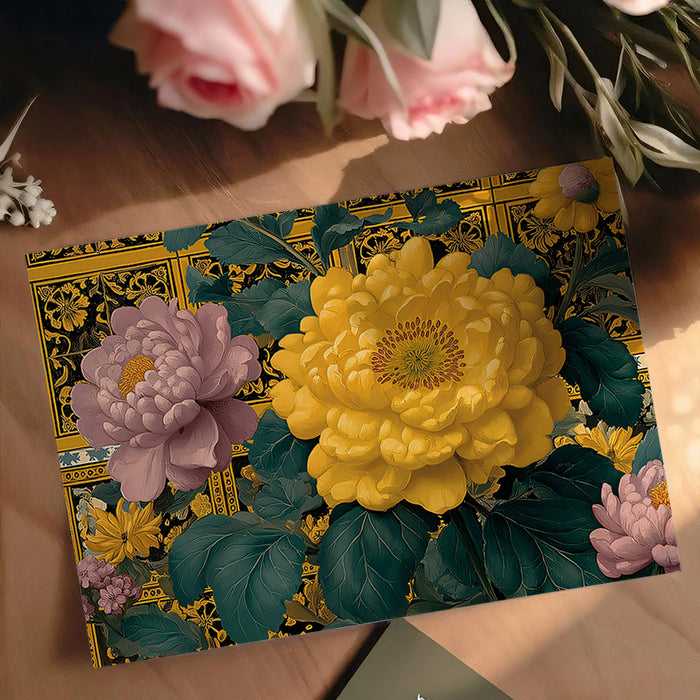 Chinoiserie Peony Patterned Tile Mural Wallpaper | Yellow and Pink Florals, Ornate Traditional Backdrop