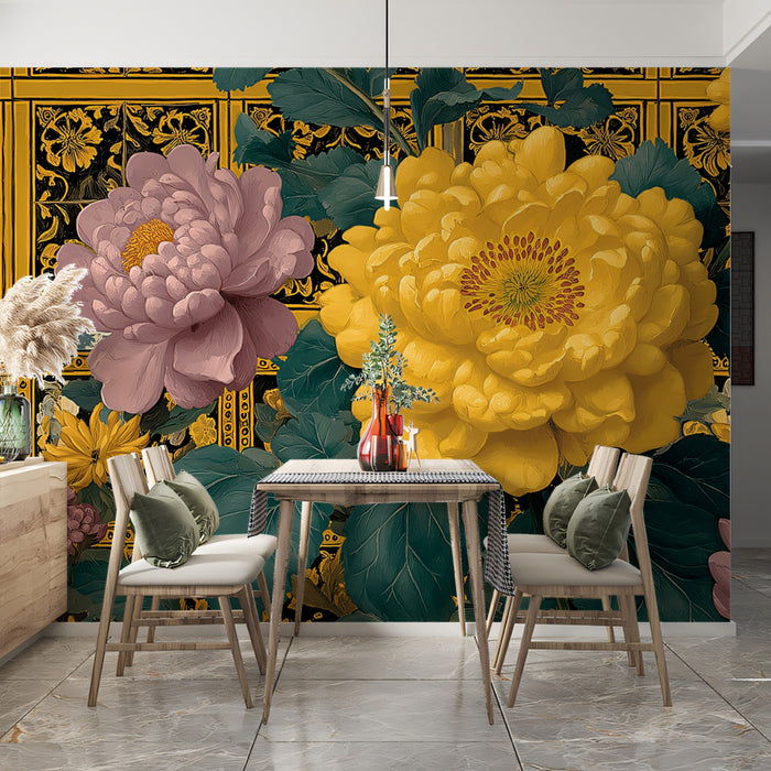 Chinoiserie Peony Patterned Tile Mural Wallpaper | Yellow and Pink Florals, Ornate Traditional Backdrop