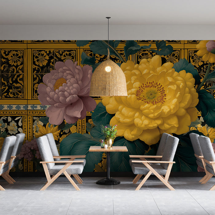 Chinoiserie Peony Patterned Tile Mural Wallpaper | Yellow and Pink Florals, Ornate Traditional Backdrop