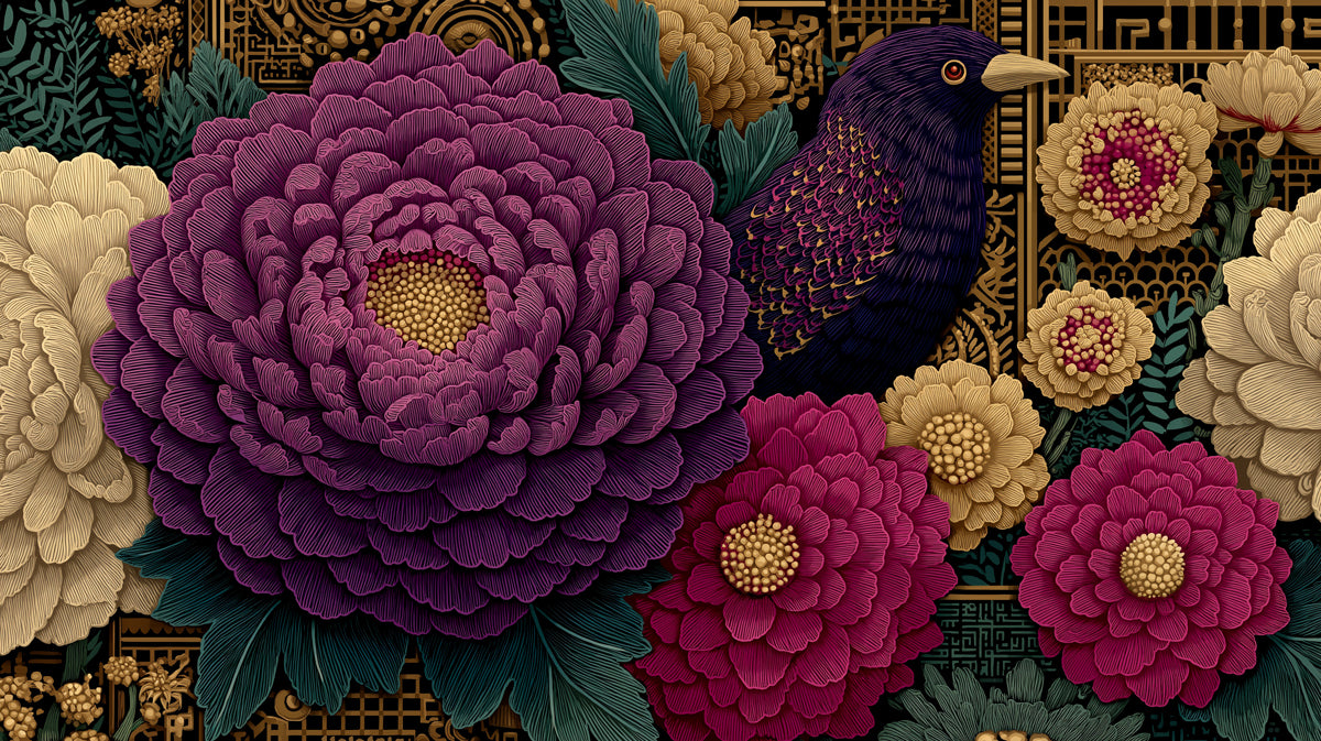 Gothic Botanical Peony & Blackbird Mural Wallpaper | Deep Purple Florals, Ornate Dark Academia