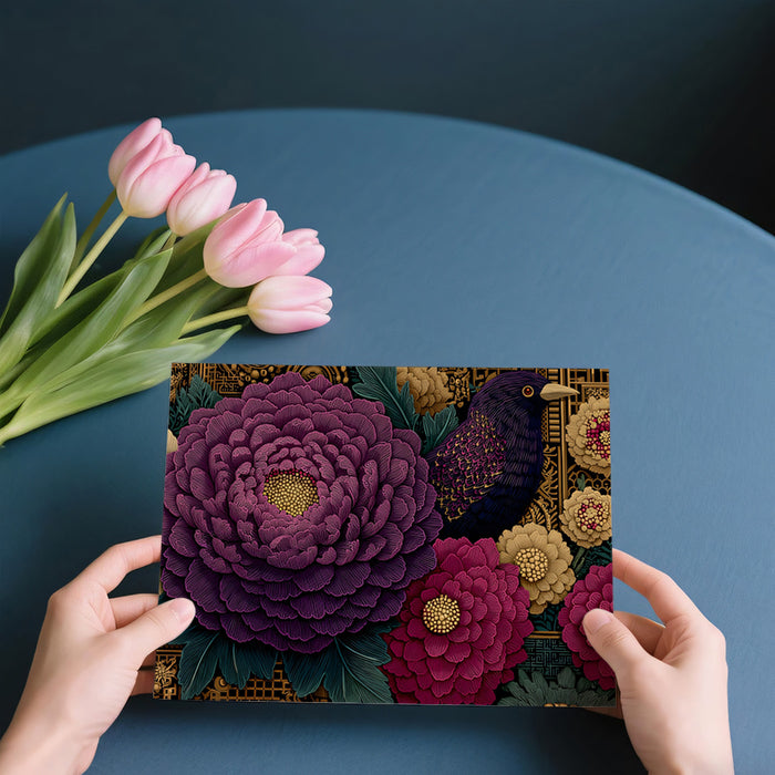 Gothic Botanical Peony & Blackbird Mural Wallpaper | Deep Purple Florals, Ornate Dark Academia