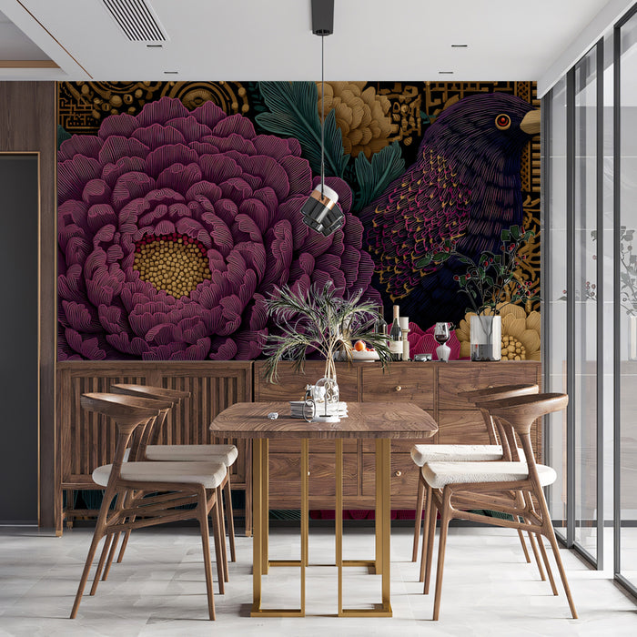 Gothic Botanical Peony & Blackbird Mural Wallpaper | Deep Purple Florals, Ornate Dark Academia