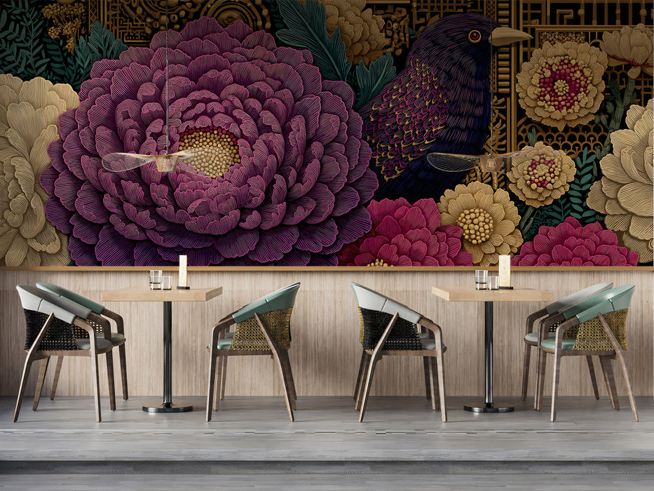 Gothic Botanical Peony & Blackbird Mural Wallpaper | Deep Purple Florals, Ornate Dark Academia