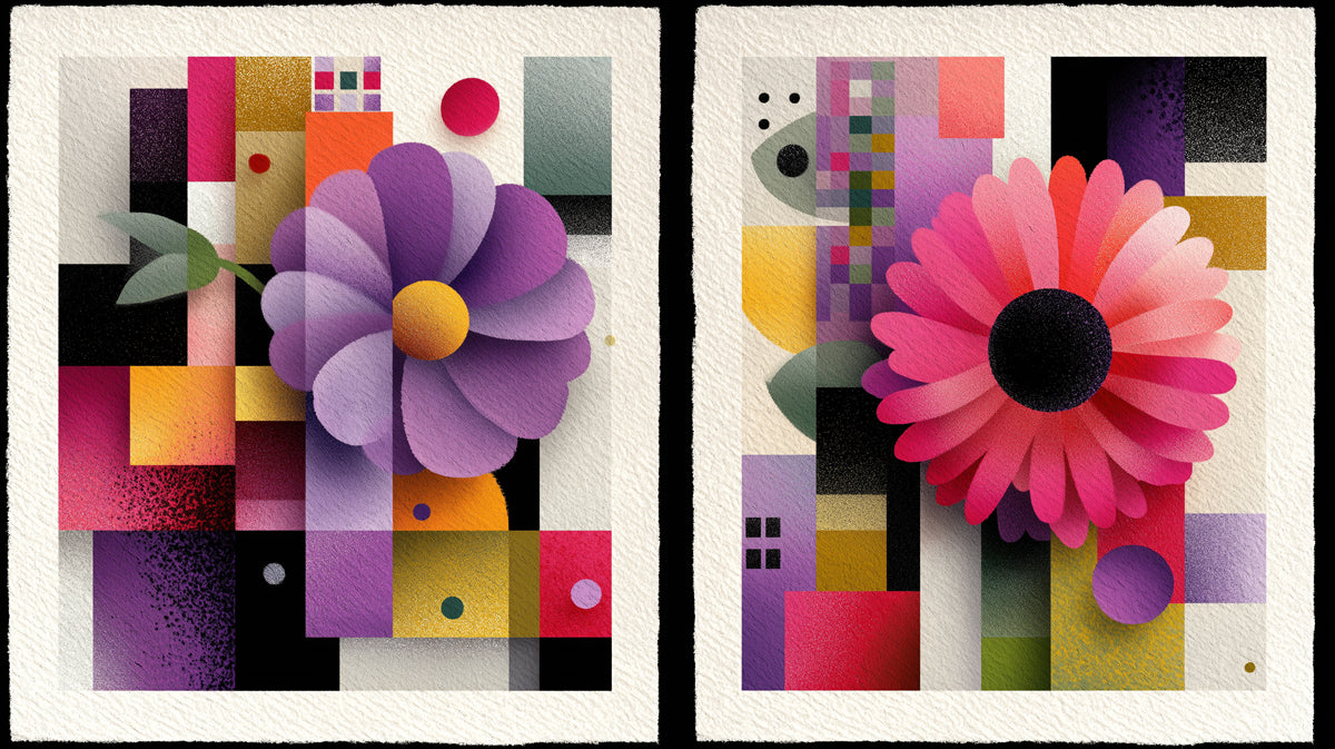 Modern Geometric Abstract Floral Mural Wallpaper | Purple Pink Paper-Cut Style, Graphic Minimalism