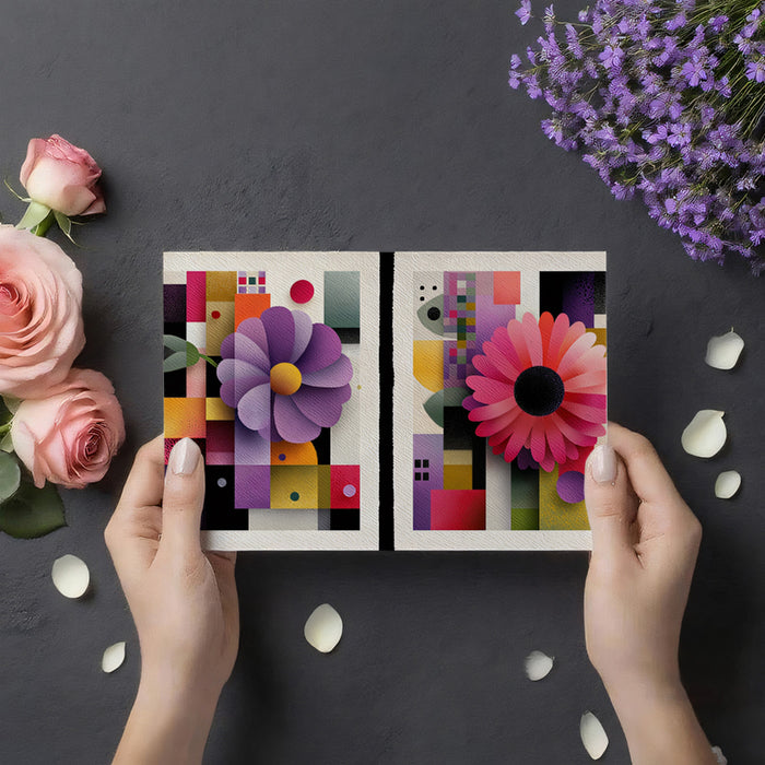 Modern Geometric Abstract Floral Mural Wallpaper | Purple Pink Paper-Cut Style, Graphic Minimalism